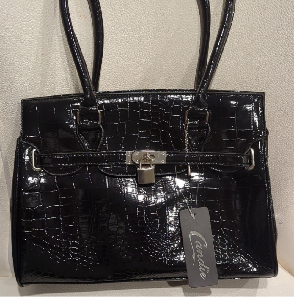 Ladies Black Crocodile Pattern Handbag Vegan Leather - Picture 2 of 3